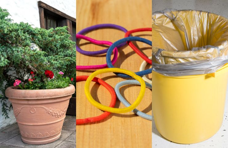 vaso di fiori, elastici per capelli e secchio della spazzatura